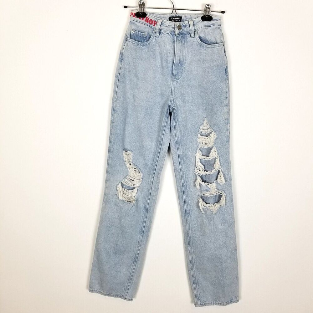 Playboy by Pacsun Women High Rise Destroyed Mom Jeans size 25‎ Blue Denim